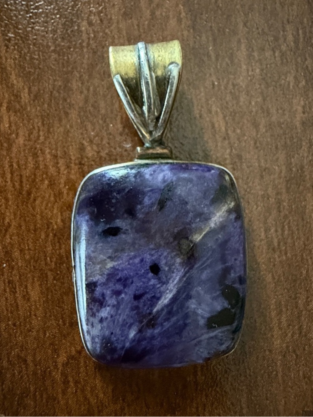 Vintage 925 sterling silver / brass pendant with natural Charoite gemstone